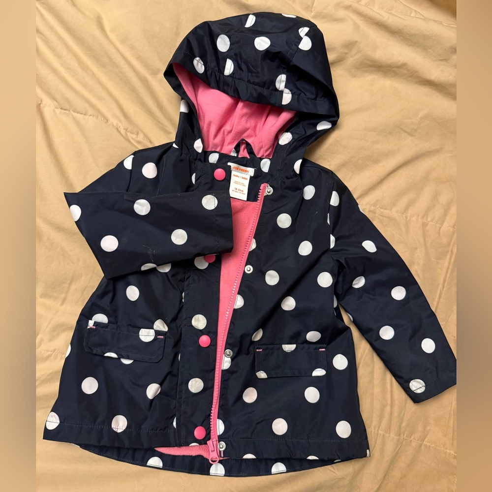 Navy polka dot raincoat with pink fleece body lining 18-24mos
